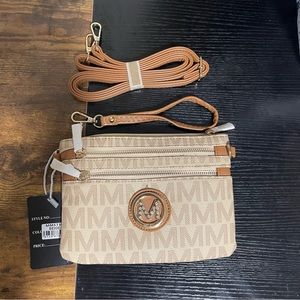 NWT SM Stylish Beige Milan Crossbody Wristlet Wallet With Gold Trim Bling Logo